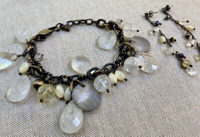 DYRBERG/KERN BRACELET & EARRINGS SET WHITE GRAY PEARLS & CRYSTALS DENMARK