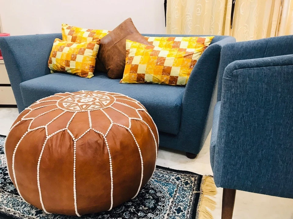 Round Natural Stool Pouffe Moroccan Footstool Leather Brown Bohemian Classic - Image 4 of 4