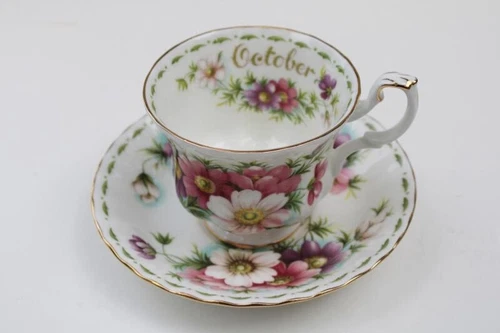 Vintage Royal Albert October Cosmos birthday flower of the month tea cup & sauce