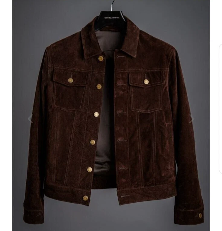 Men Brown Pure Suede Leather Jacket Slim Fit Trucker Jacket Custom Size S M L XL - Image 2 of 3