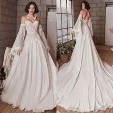 Boho Strapless Ball Wedding Dresses Lace Long Sleeves Chiffon A-line Bridal Gown