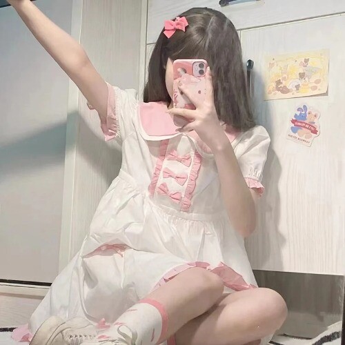Kawaii Lolita Dress Women Japanese Style Cute Pink Bow Short Sleeve