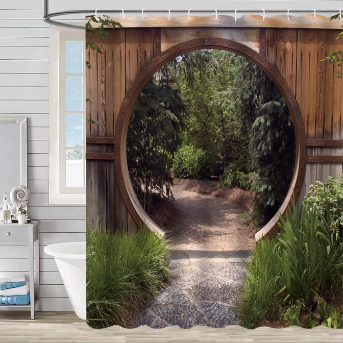 质朴的景观图案浴帘带钩农舍浴室装饰 — 第 2/4 张图片