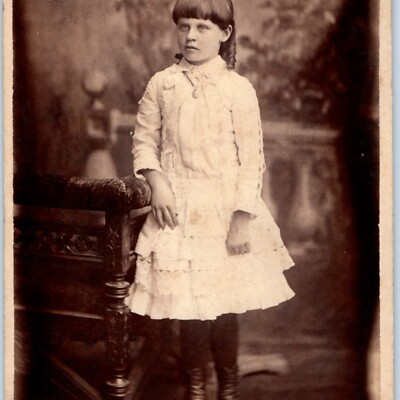 c1880s Iowa City, IA Cute Little Girl Bowl Cut Hair Cabinet Card Photo James B4