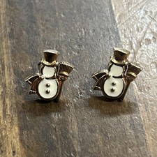 Vintage Gold Tone Enamel Avon Snowman Christmas Jolly Pierced Stud Earrings