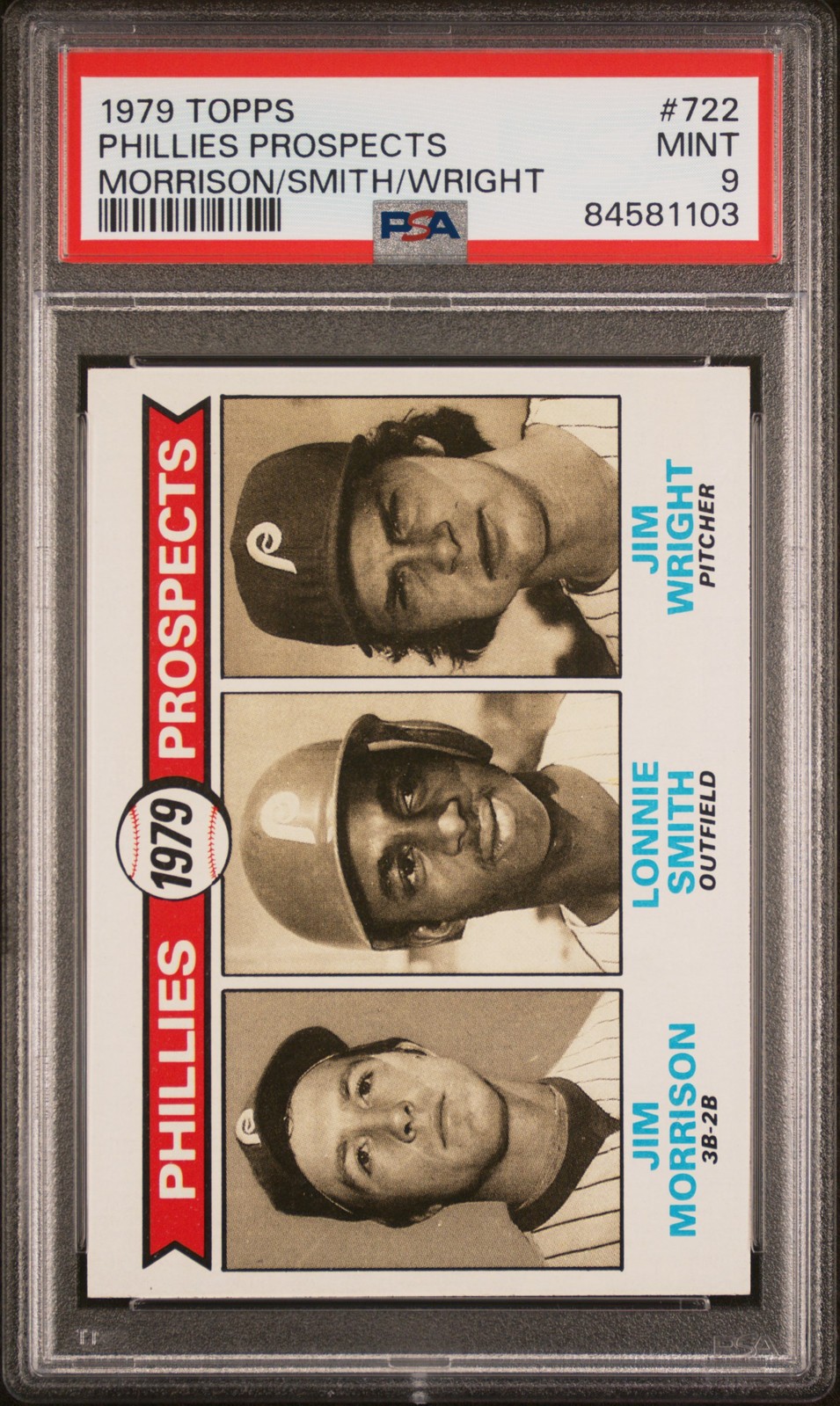1979 TOPPS MORRISON/SMITH/WRIGHT #722 PHILLIES PROSPECTS PSA 9
