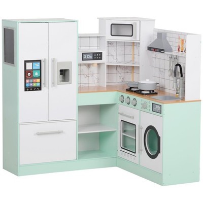 Play Kitchen, Corner Kids Kitchen Playset with Chalkboard, Range Hood, Ice