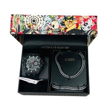 Set orologio e gioielli Ed Hardy quadrante scheletro orologio collana bracciale set regalo nuovo con etichette
