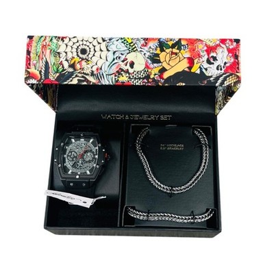 Ed Hardy Watch & Jewelry Set Skeleton Dial Watch Necklace Bracelet