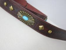 Vtg Unbranded Leather Belt Womens S Brown Southwestern Leather Blue Brass Accent