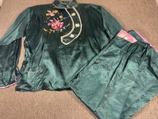 Kimono Silk Pajamas Set Japanese Green Embroidered Green XL