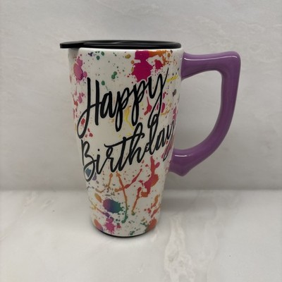Happy Birthday Insulated Travel Mug, Handle & Lid Colorful Paint Splatter Design