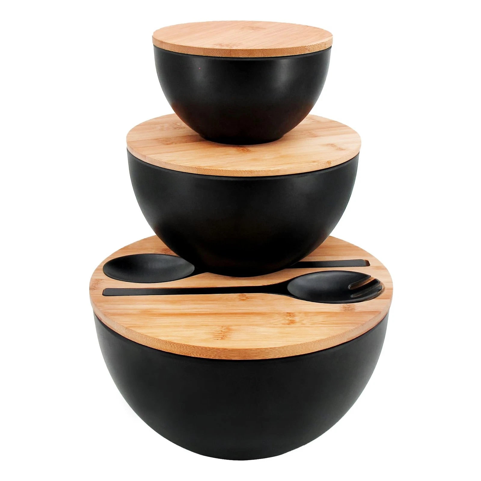 ECOWAY Salad Bowls Set of 3 with Lid & Serving Utensils, Bamboo Fiber Mixing ...