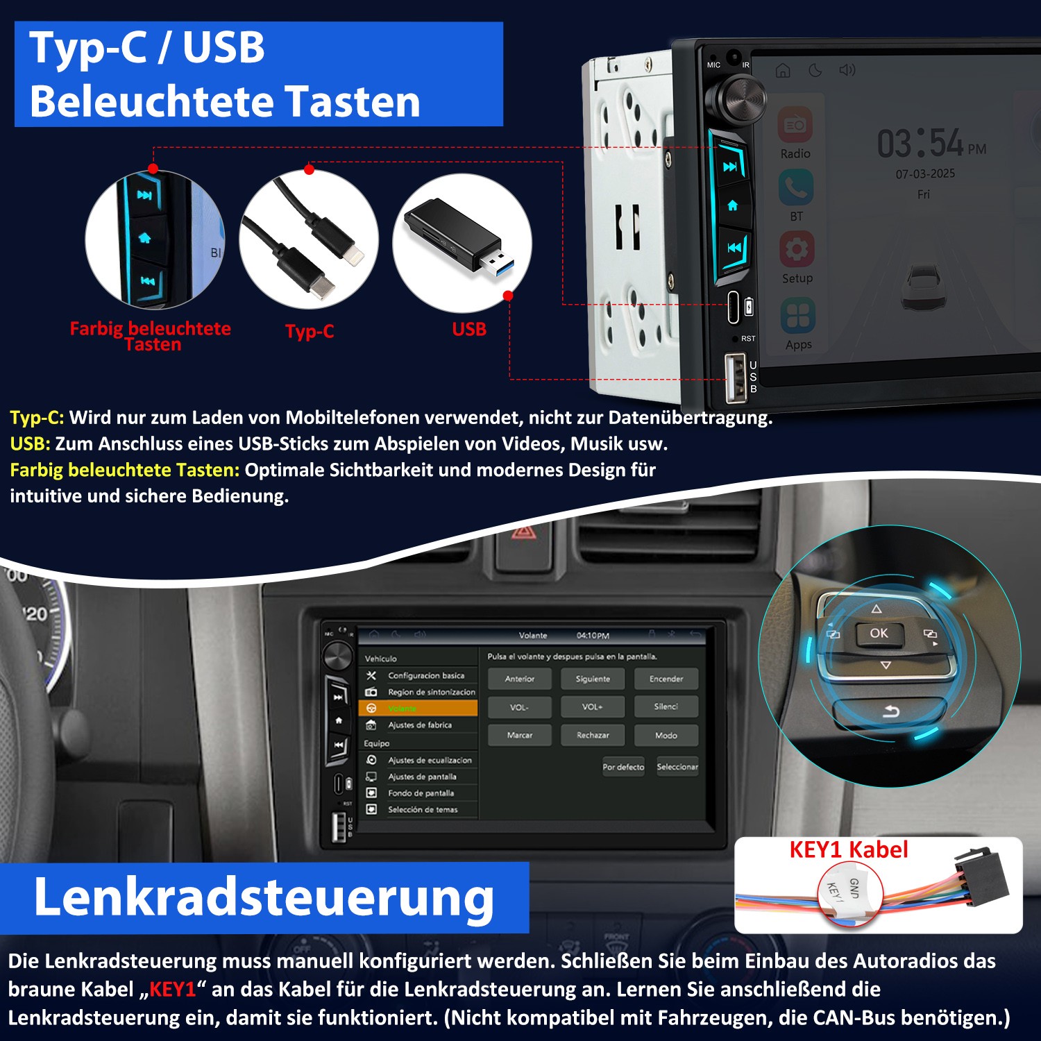 Autoradio 2 DIN senza fili CarPlay Android Auto BT 5.0 vivavoce USB-C IPS 7" foto 5