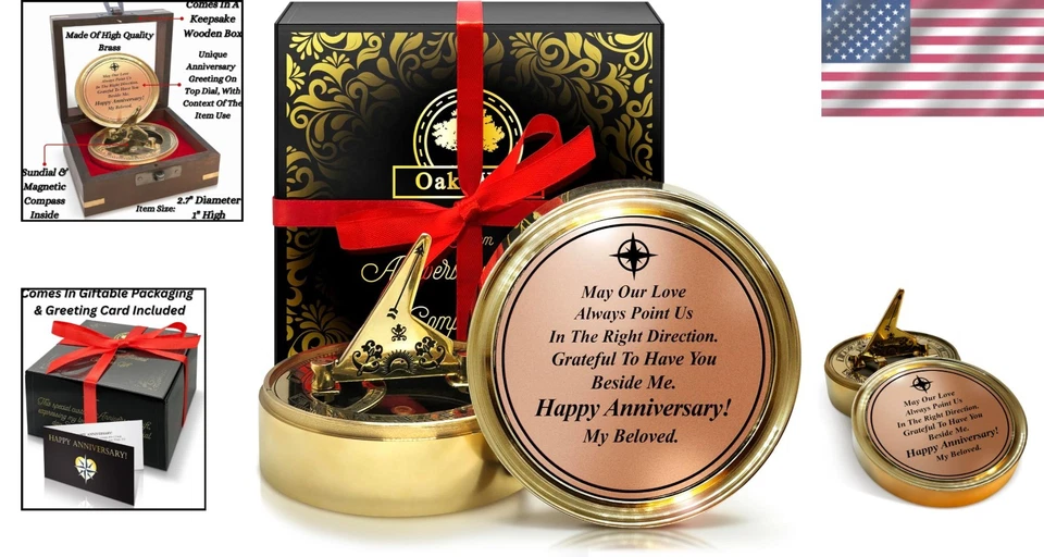 Brújula de reloj de sol grabada - Regalo de aniversario para cónyuge Foto 2 de 4