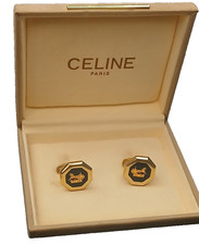 Celine Cufflinks Gold Plated Men's Black Onyx Designer Luxury Vintage Boxed