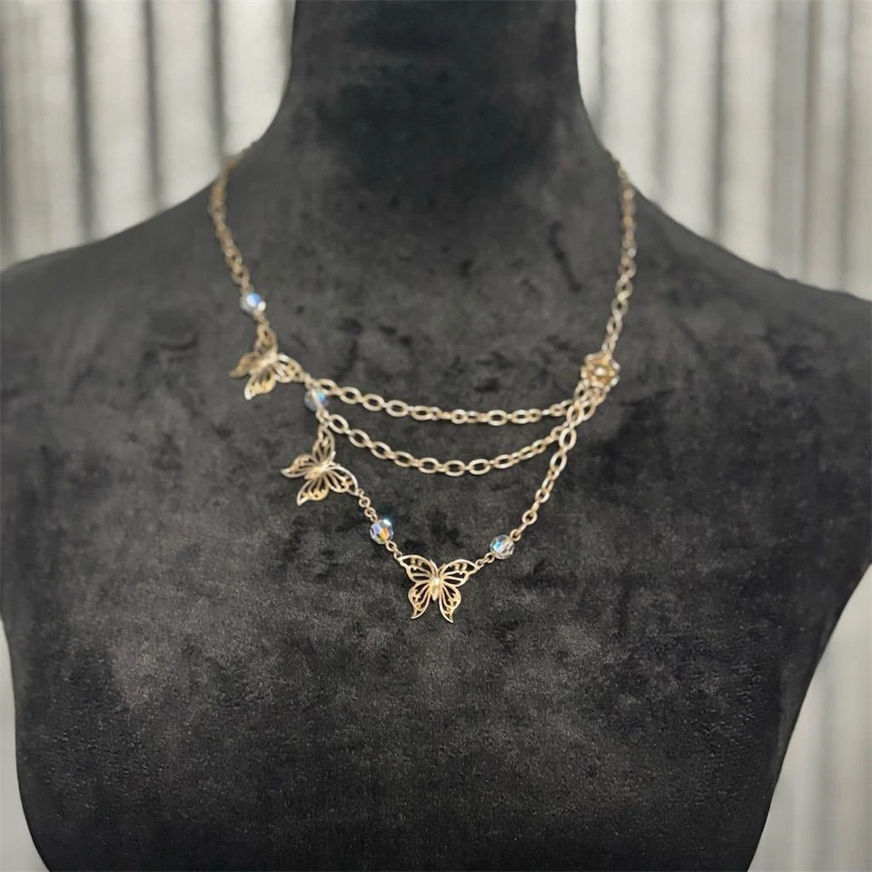 Collar Lenox Mariposa Capas Tono Dorado Cristales AB Multi Hilo Joyería Foto 3 de 4