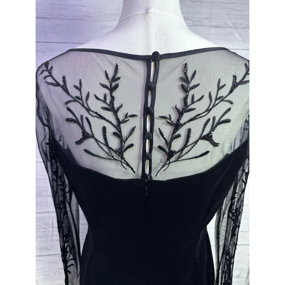 Vestido De Colección Maggy London Negro Terciopelo Cuentas Ilusión Transparente Talla 8 Whimsygoth Y2K Foto 3 de 4