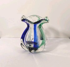 Cobalt Blue - Green, Pulled  Blown Art Glass Vase 4" Tall, Heavy, VTG, MCM, VGC