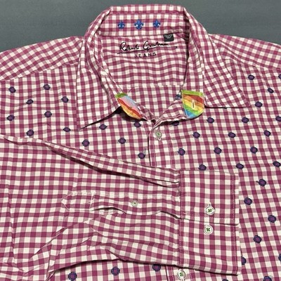 Robert Graham Plaid Long Sleeve Button Shirt Mens 3XL Pink Colorful Embroidered
