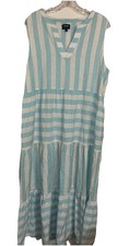 Chaps Blue White Striped Linen Blend Midi Dress Sleeveless V Neck Xl Nautical