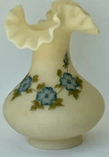 Fenton Ruffled Vase Satin Custard Painted Flowers Signed Laura Long Beautiful.
