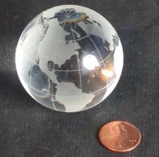 Etched Crystal World Globe Earth Paperweight 2" Diameter Clear  Frosted Glass