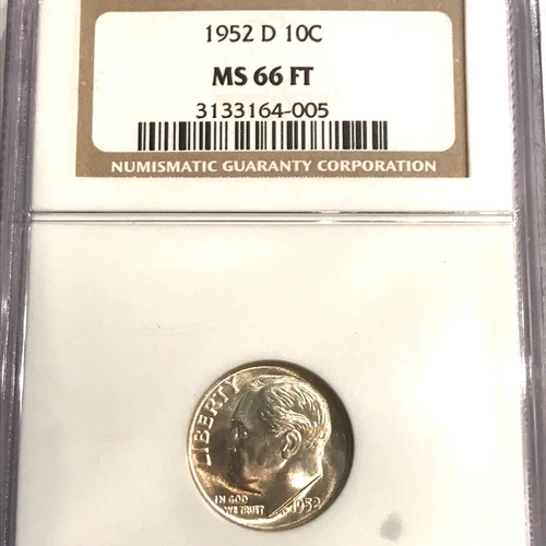  1952 D   ROOSEVELT DIME  NGC  MS 66  FT   (FB FULL TORCH BAND)   BRIGHT   X10