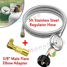 5FT Braided Propane Regulator and Hose w/ Gauge +Elbow Adapter for 20lb Tank LP