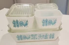 VTG Pyrex Turquoise Amish Butterprint 7 Piece Refrigerator Set 501 502 503 NICE!