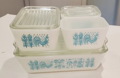 VTG Pyrex Turquoise Amish Butterprint 7 Piece Refrigerator Set 501 502 503 NICE!