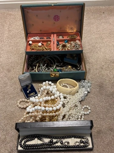 Vintage and Modern Costume Jewelry Earrings And Brooches Pearls With Jewelry Box
