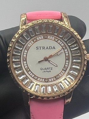 STRADA Rose Gold Baguette Crystal Bezel Watch Pink Silicone Strap