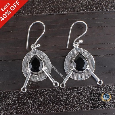 Black Onyx Gemstone Sterling Silver Sister New Dangle Drop Unique Bezel Earrings