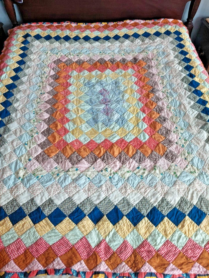 Mod Diamond Block Multicolor Vintage TECIDO SUCATA Ponto de Mão 68 X 86 Colcha Dupla - Imagem 2 de 4