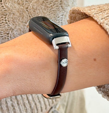 Dark Brown Leather Fitbit Inspire 3 Band for Women, 8mm Bracelet Strap, Silver