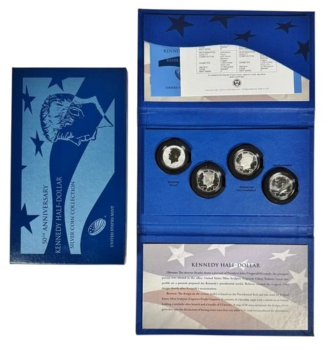 US 2014 50th Anniversary 4 Coin Kennedy Half Set Box COA Proof, Rev Proof, BU