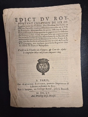 ÉDIT ROYAL 1655 LOUIS XIV Impôts Tailles Gabelle Pontoise Montmorillon Estienne