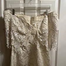 JESSICA MCCLINTOCK Vintage Sz 14 Metallic Ivory Lace Off Shoulder Dress Bridal