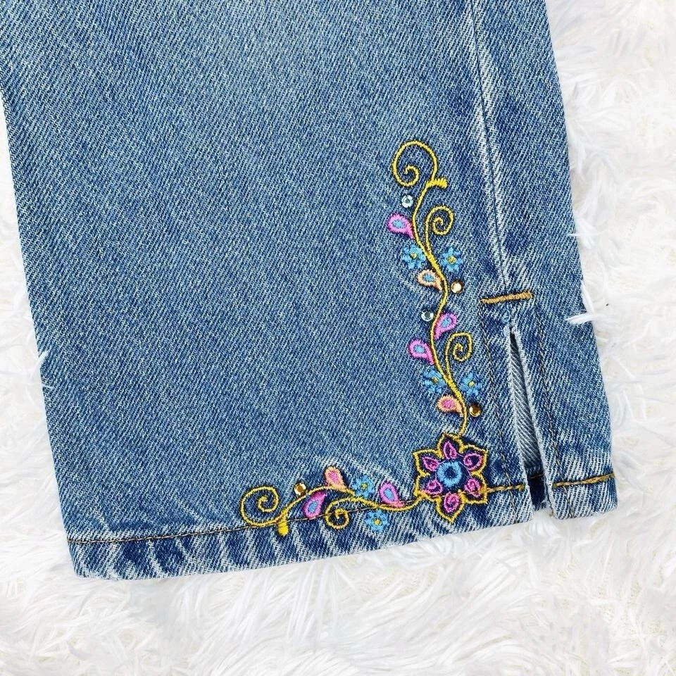 Vintage Y2K Xhilaration Girls SZ (8) Light Wash Floral Embroidered Flare Jeans - Image 2 of 4