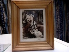 PETIT CHAT DANS UNE BOTTINE EAU FORTE D' ANNA METZ CADRE 20cm x 16,8cm tbe 15/50
