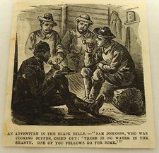 small 1879 magazine engraving ~ MEN IN A CABIN ~ The Black Hills, SOUTH DAKOTA 