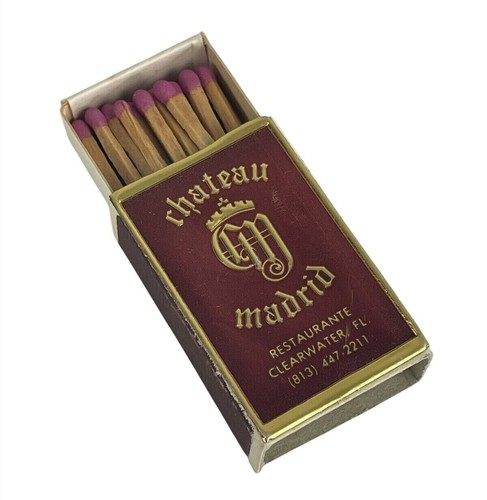 Vintage Chateau Madrid Clearwater Florida Matchbox Red Gold Purple Tip Matches