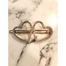 Double Heart Rhinestone Hair Clip Barrette Gold Tone