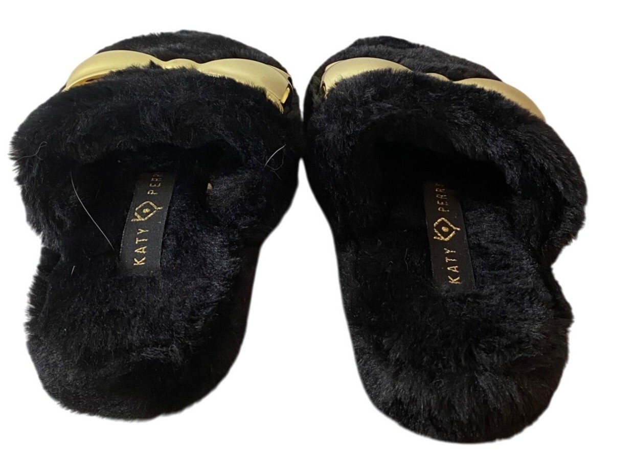 PANTOFOLA D’ORO Katy Perry ciabatte nere in pelliccia sintetica con fiocco oro comode slip on taglia 6