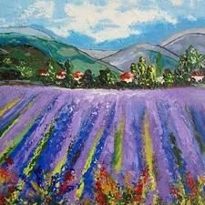 Lavender Field Painting Wildflowers Mountain Landscape Bright Impressionist