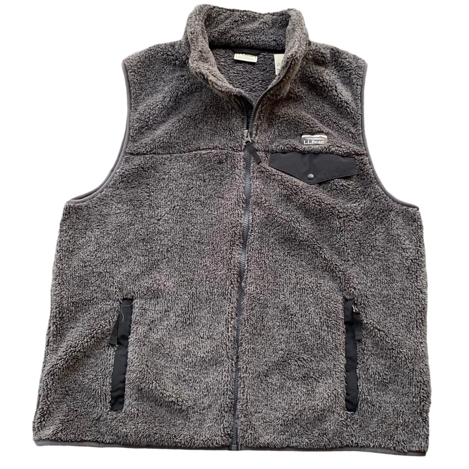 LL Bean Vest Mens Large Reg Hi-Pile Deep Snap Pocket Fleece Full Zip Gray 508269