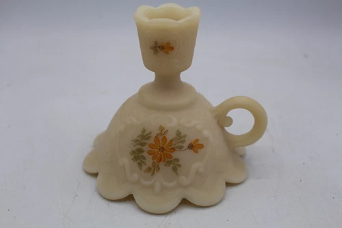 Vintage Fenton Artist Signed Hand Painted Cameo Glass Candlestick Holder