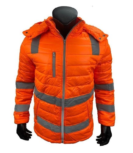 Hi-Vis Reflective Tape Safety Workwear Full Zip Winter Warm Puffer Jacket Coat - Picture 3 of 8