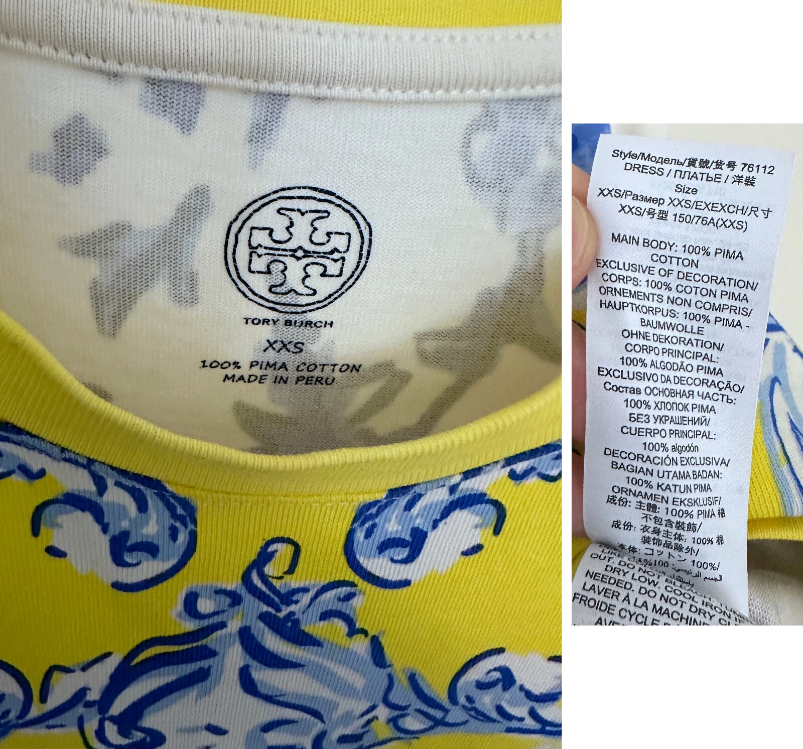 T shirt maglietta stampata Tory Burch mini abito giallo floreale vortice rami blu XXS